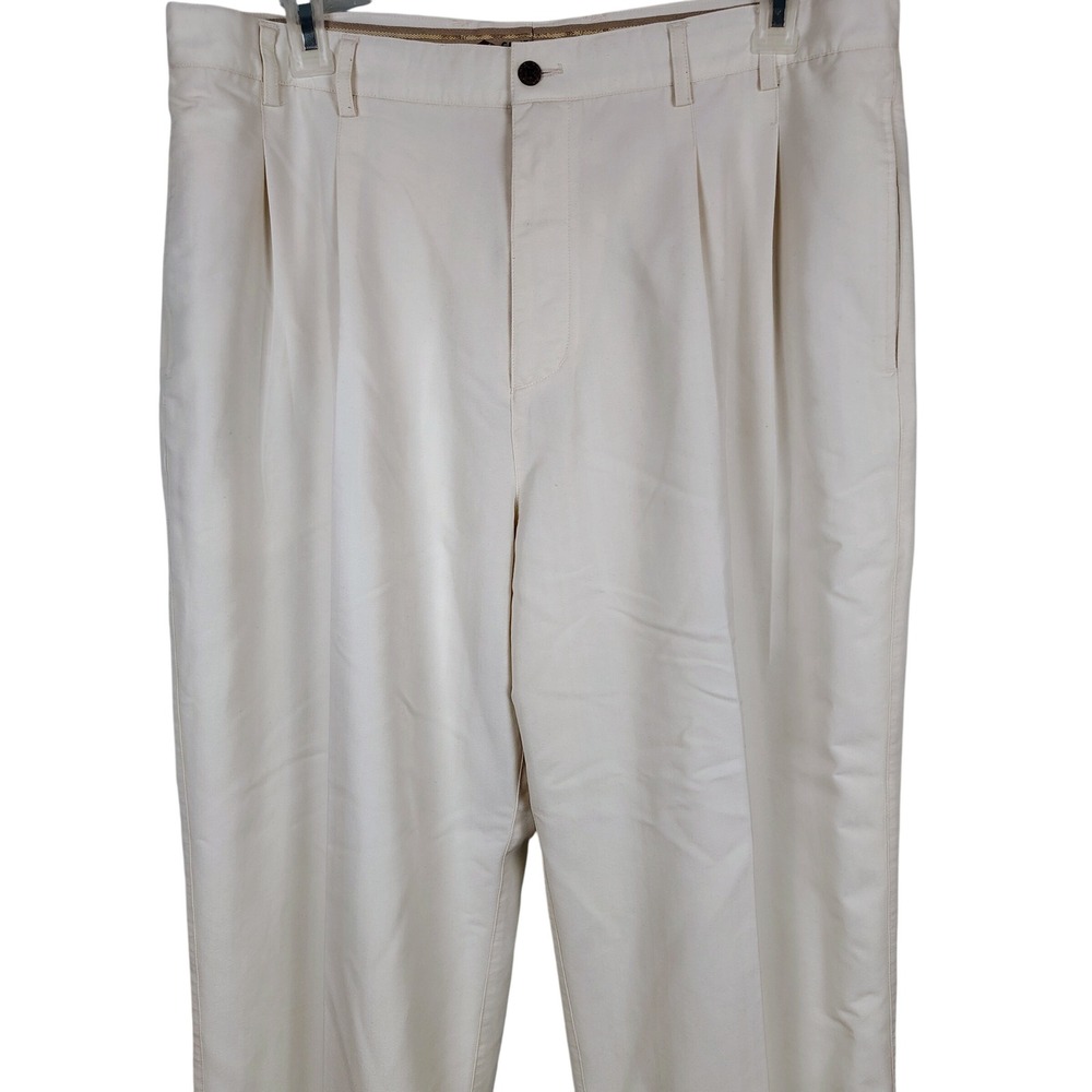 Caribbean Joe Mens SZ 40 Pleated Herringbone Trousers Cream Lyocell Resortcore